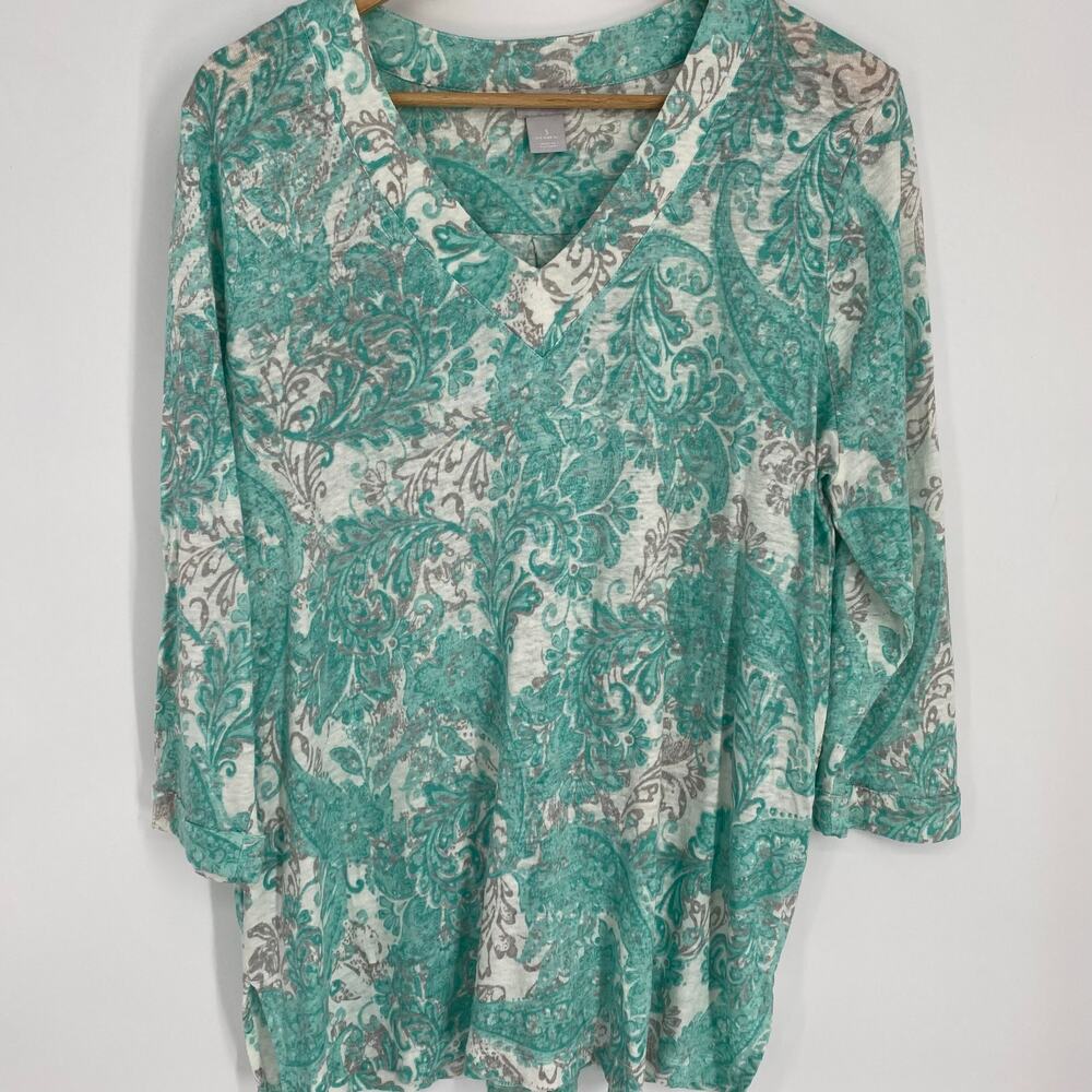 Chico’s Top Women’s XL Green & Gray Linen Floral Paisley Print V-Neck Feminine